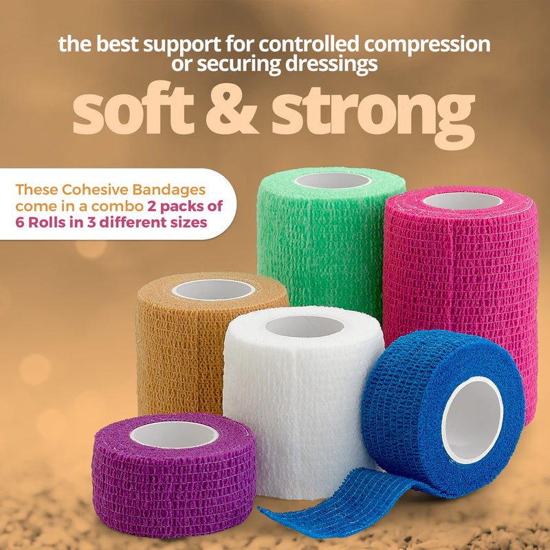 Self Adhesive Cohesive Tape Rolls - Pack Of 12-2.5 Cm, 2 Inch, 3 Inch X 1.5 M Self Adhesive Bandage Rolls And Sports Bandage For Ankle, Wrist, Sprains And Swelling - NewNest Australia