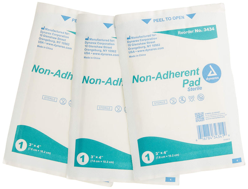 Dynarex Non-Adherent Pads-Sterile, Individually Packaged, Non-Stick Wound and Burn Care, Soft & Highly Absorbent, 3” x 4”, 1 Box of 100 Non-Adherent Pads-Sterile 3" x 4" - NewNest Australia