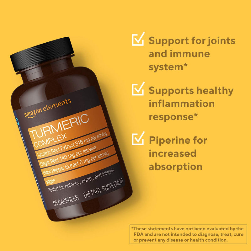 Amazon Elements Turmeric Complex, 316 mg Curcumin, 140 mg Ginger, 5 mg Black Pepper - Joint & Immune System, Healthy Inflammation Response - 65 Capsules (2 month supply) - NewNest Australia