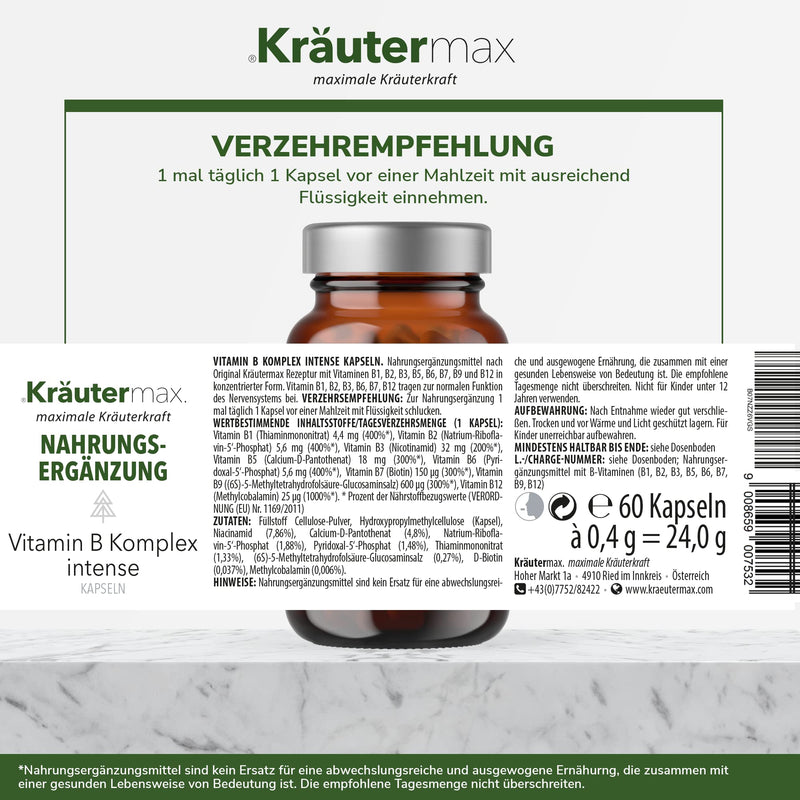 Kr√§Utermax Vitamin B Complex Vitamin B Capsules High Dose B Complex With Vitamin B12, B9, B7, B6, B5, B3, B2, B1 B Complex Vegan According To Original Herbal Max Formula 1 X 60 Pieces - NewNest Australia