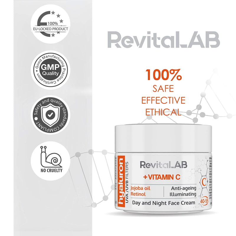 RevitaLAB Hyaluron Anti-Ageing Day and Night Cream, Enriched with Vitamins A, B3, B5, E, C, Jojoba Oil and UV Filters, for Ages 40 – 55, 50 ml 50 ml (Pack of 1) - NewNest Australia