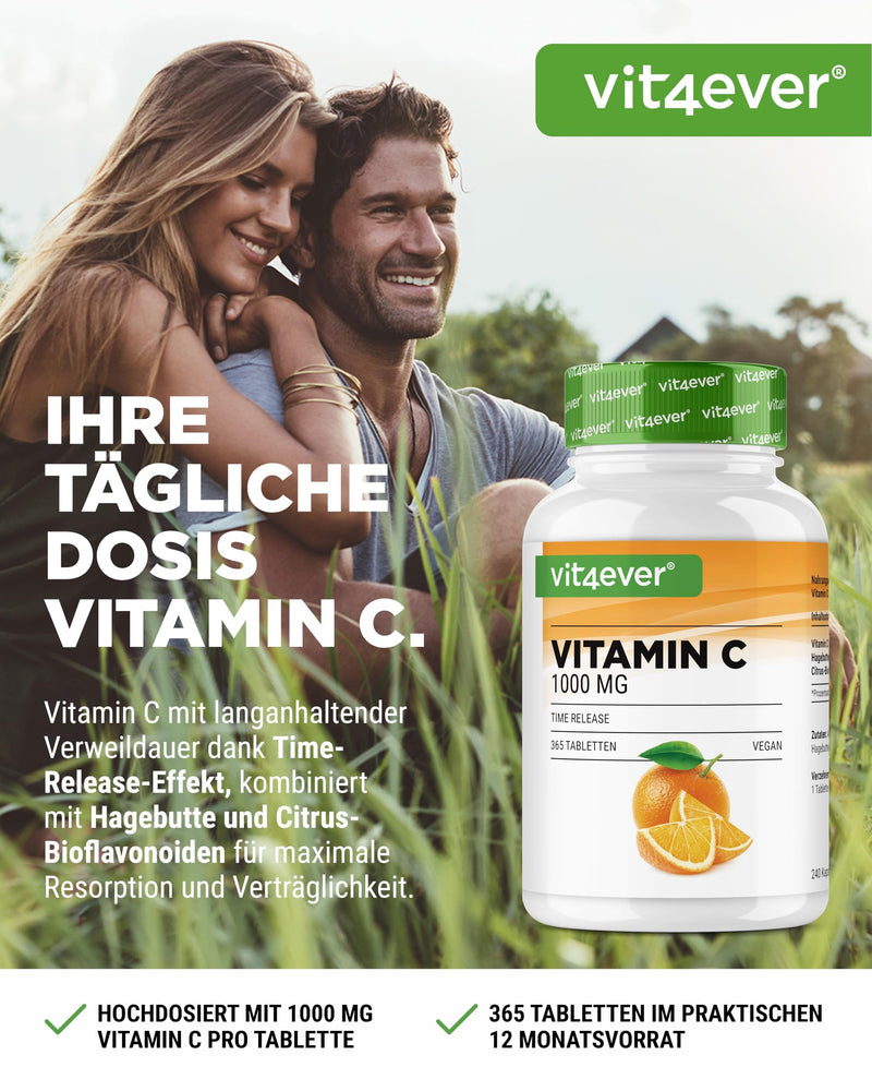 Vitamin C 1000mg - 365 tablets in annual supply - Time released effect - Laboratory tested - Vitamin C + rosehip extract + citrus bioflavonoids - Vegan - High dosage - NewNest Australia
