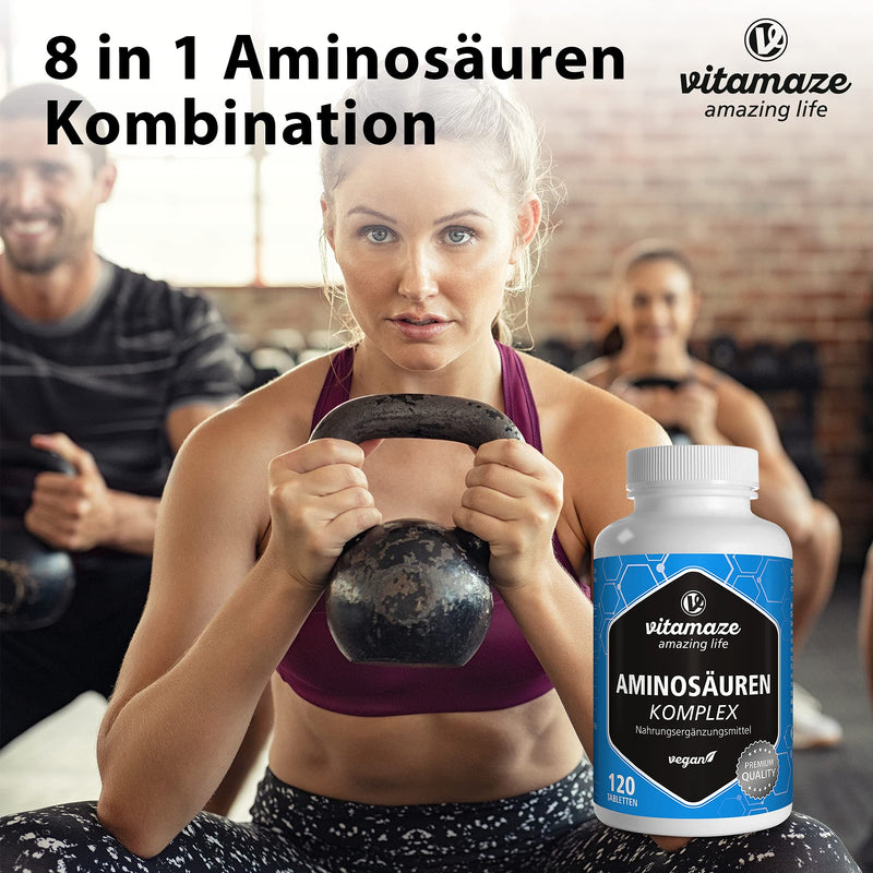 Amino acid complex, high dosage & vegan, 120 tablets with 8 essential amino acids EAA (including tryptophan, lysine, leucine, tyrosine), nutritional supplement without additives, Made in Germany - NewNest Australia