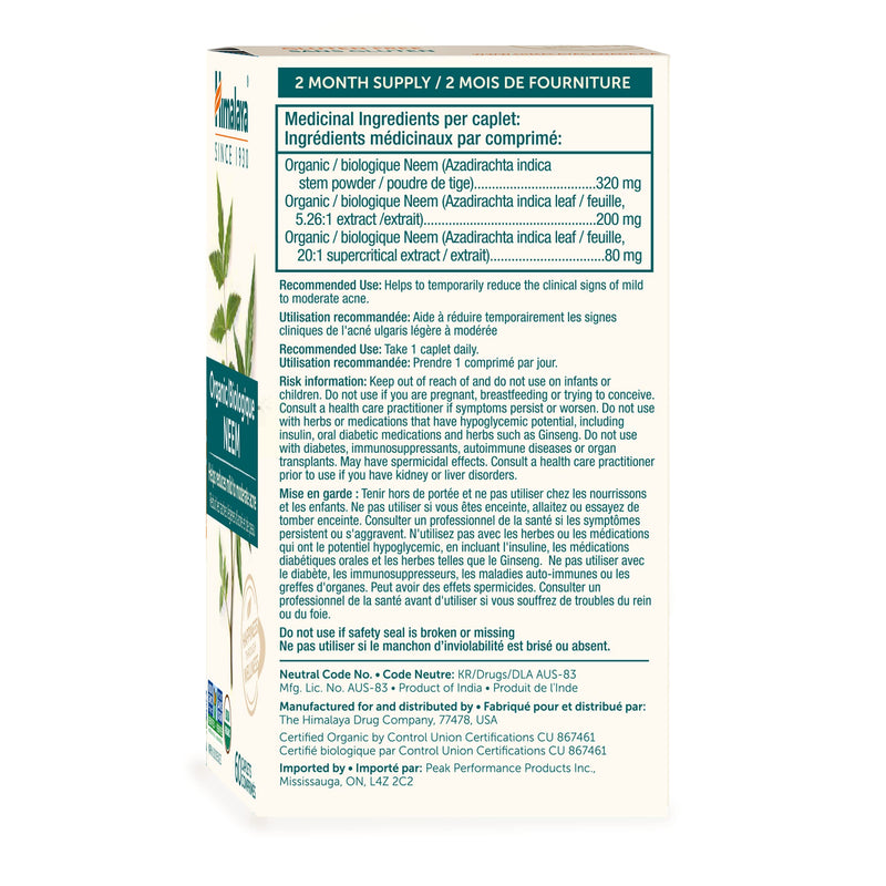 Himalaya Organic Neem, Mild Acne Relief for Clear, Smooth & Radiant Looking Skin, 600 mg, 60 Caplets, 2 Month Supply - NewNest Australia