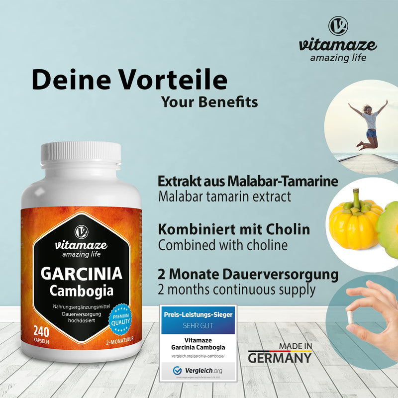 Garcinia Cambogia High-Dosed + Choline, For The Metabolism, Garcinia Extract With 60% Hca From Malabar Tamarins, 240 Capsules For 2 Months, Food Supplement Without Additives, Made In Germany - NewNest Australia