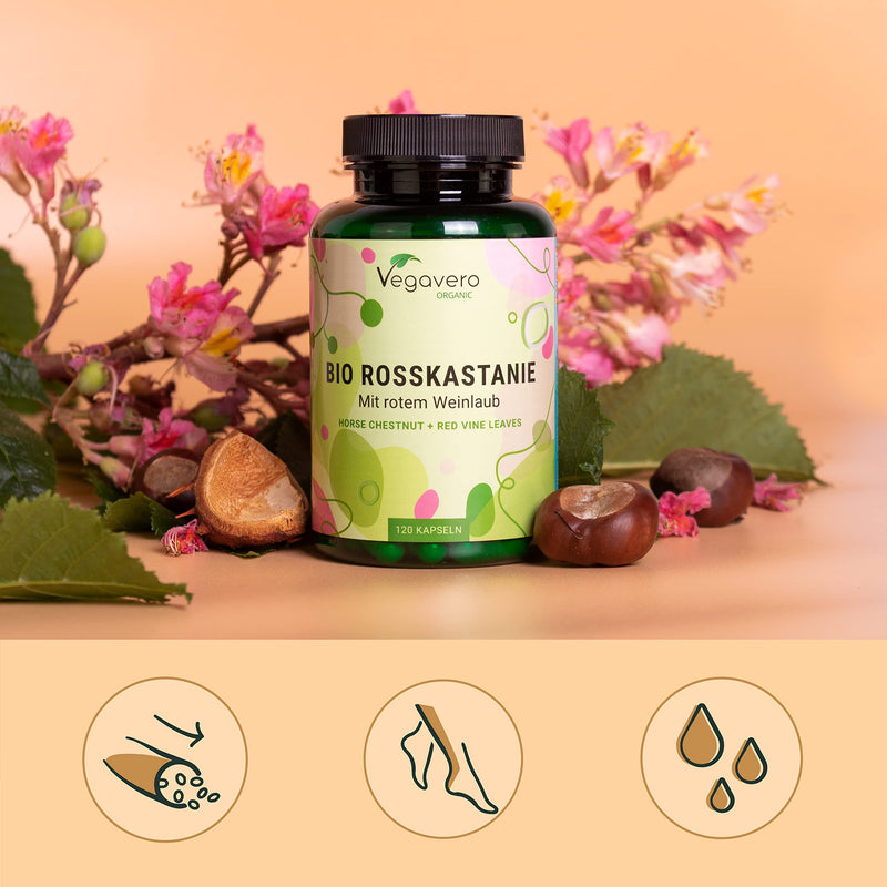 Horse Chestnut Extract Capsules Vegavero | 100% Organic | 800 Mg Extract With Grape Leaves & Natural Vitamin C | 120 Capsules | Aescin & Polyphenols | Veins Capsules | Vegan & Without Additives - NewNest Australia