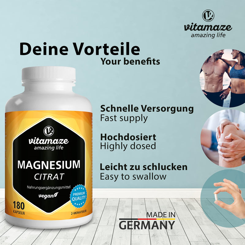 Magnesium citrate capsules, high-dose & vegan, 2250 mg of which 360 mg of elemental magnesium per daily dose, 180 capsules for 2 months, natural supplement without additives, Made in Germany - NewNest Australia