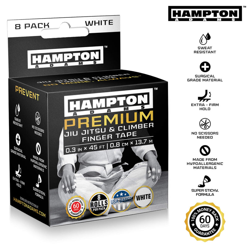 (8 Pack) White Finger Tape - Athletic Tape | 0.3” x 45 Feet - for Rock Climbing, BJJ Jiu Jitsu, Grappling, MMA, Crossfit and Martial Arts by Hampton Adams - NewNest Australia