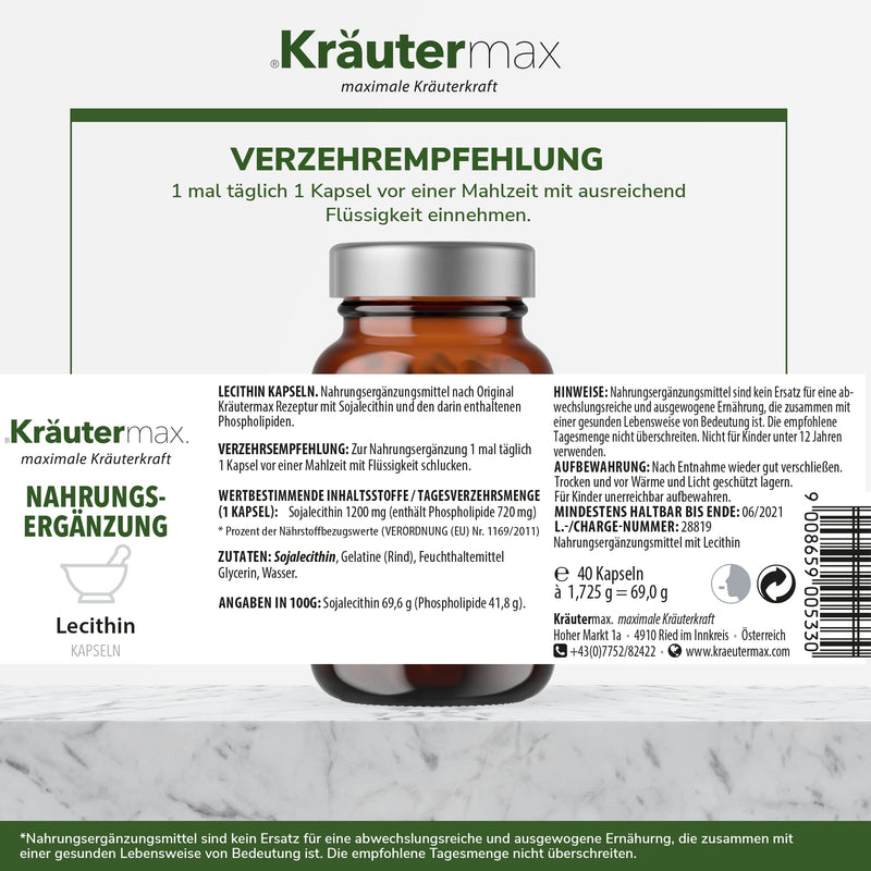 New! Lecithin Capsules | Soy Lecithin Powder | Pure Soy Lecithin Nutritional Supplement According To Kr√§Utermax Original Recipe | Gmo-Free Raw Materials | Produced In Small Series | 1 X 40 Pieces - NewNest Australia