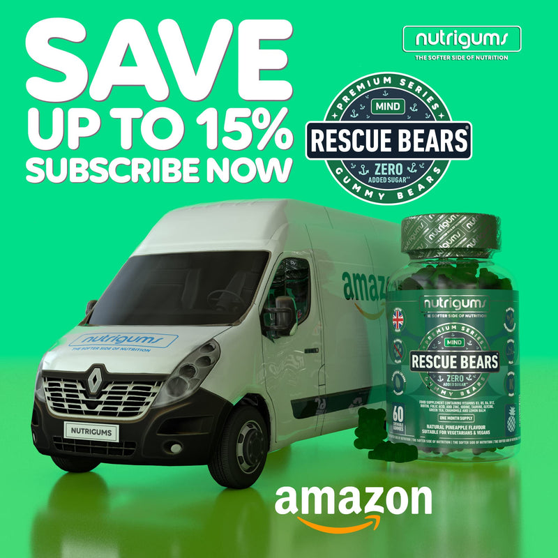 RESCUE BEARS 60 Vegan Gummies. Daytime Stress & Anxiety Relief with Glycine, Taurine, Green Tea, Lemon Balm, Chamomile, Vitamins & Prebiotics for Calming. Pineapple Flavour. - NewNest Australia