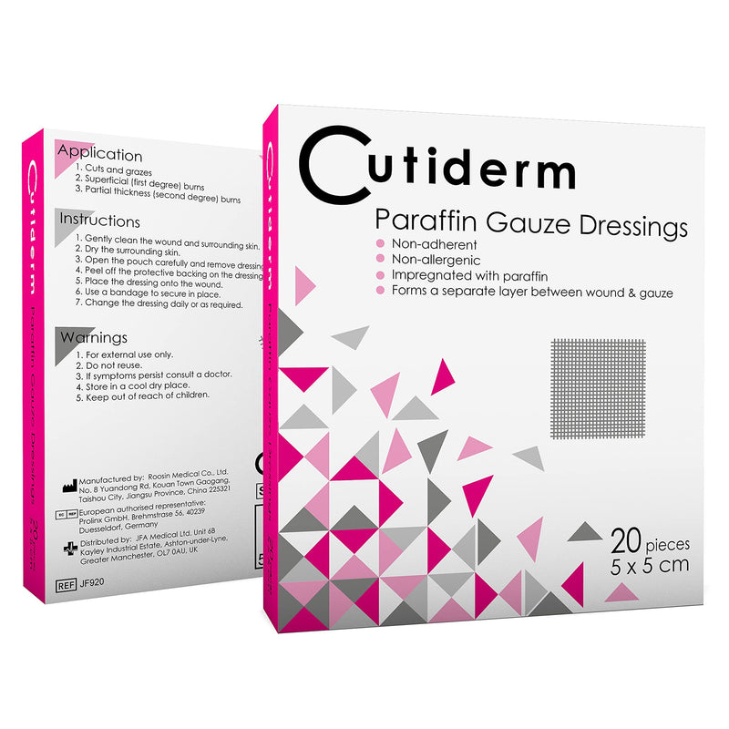Pack of 20 Cutiderm Sterile Paraffin Gauze Dressing 5cm x 5cm - Suitable for Superficial and Partial Thickness Burns, Skin Loss Wounds, abrasions and Traumatic Injuries - NewNest Australia