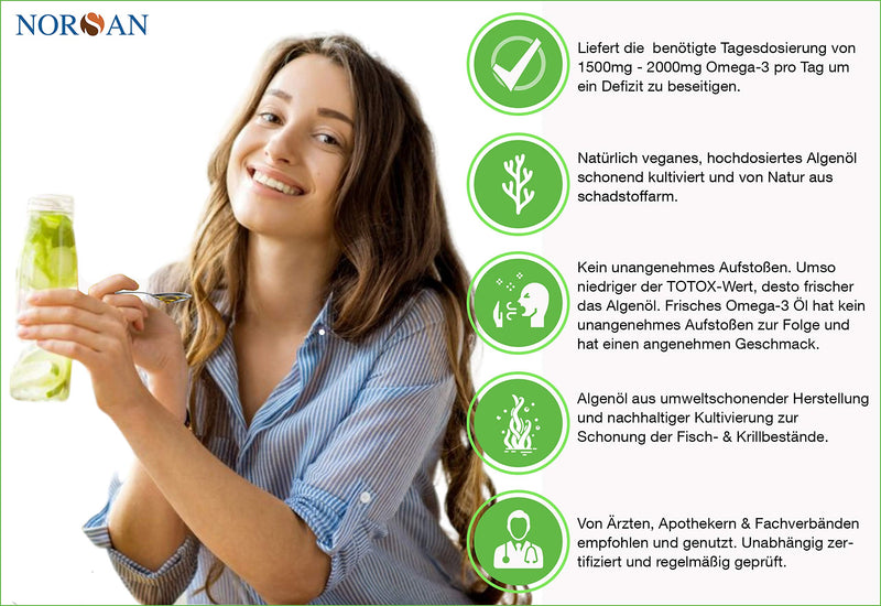 NORSAN Premium Omega 3 Vegan high dosage pack of 2 (2x 100ml) / 2000mg, daily dosage/algae oil rich in EPA & DHA 800 IU vitamin D3 / 100% vegan oil sustainable cultivation 100.00 ml (pack of 2) - NewNest Australia