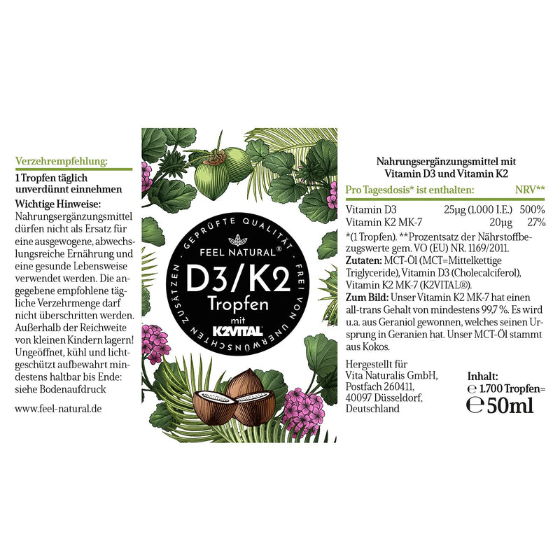 Vitamin D3/K2 drops (50 ml) - 1000IE vitamin D3 per drop - top raw material K2VITAL® with 99.7% All-Trans-MK-7 - laboratory tested, high dosage, without additives, produced in Germany - NewNest Australia