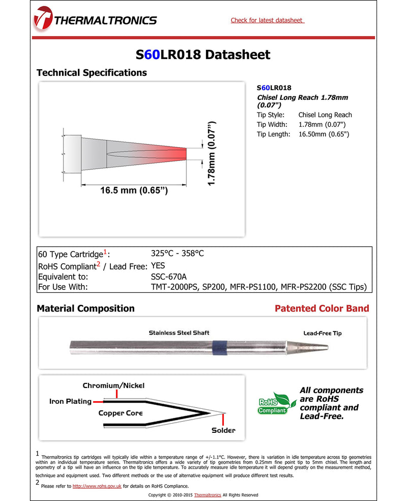 Thermaltronics S60LR018 Chisel Long Reach 1.78mm (0.07in) interchangeable for Metcal SSC-670A - NewNest Australia