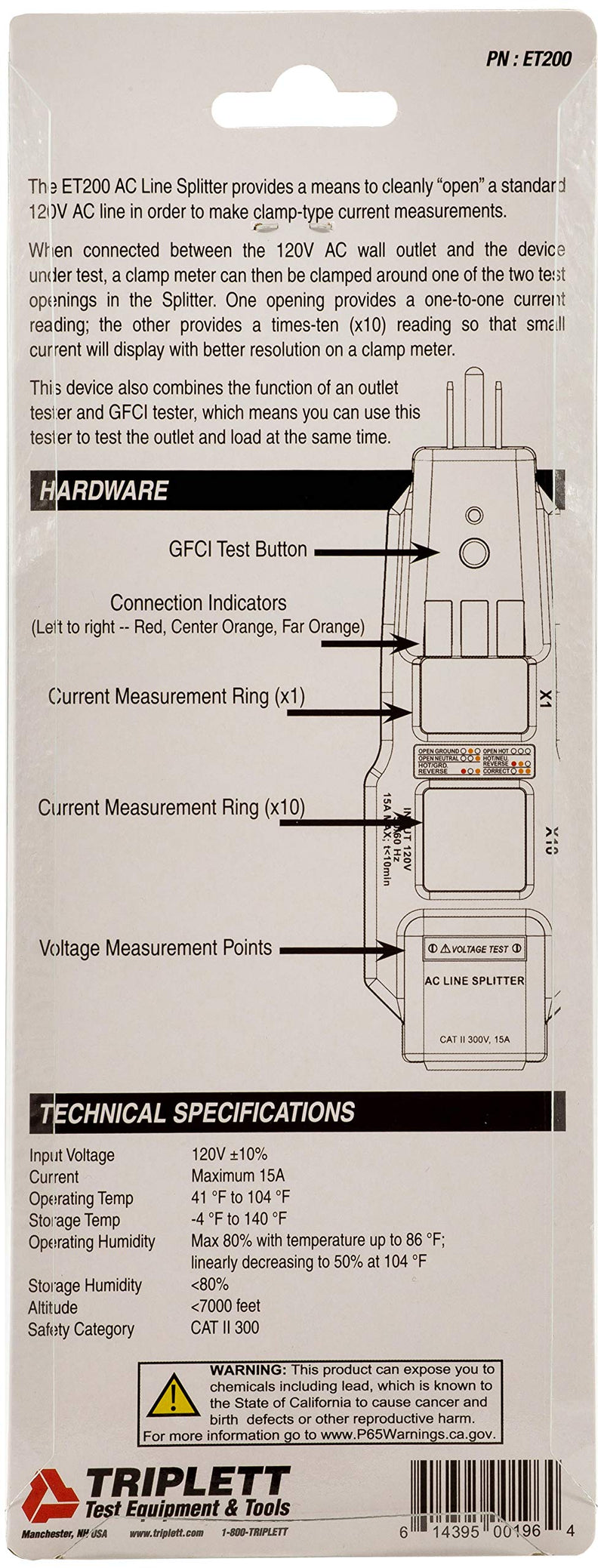 Triplett AC Line Splitter and GFCI Outlet/Receptacle Tester with 5 Visual Indicators (ET200) - NewNest Australia