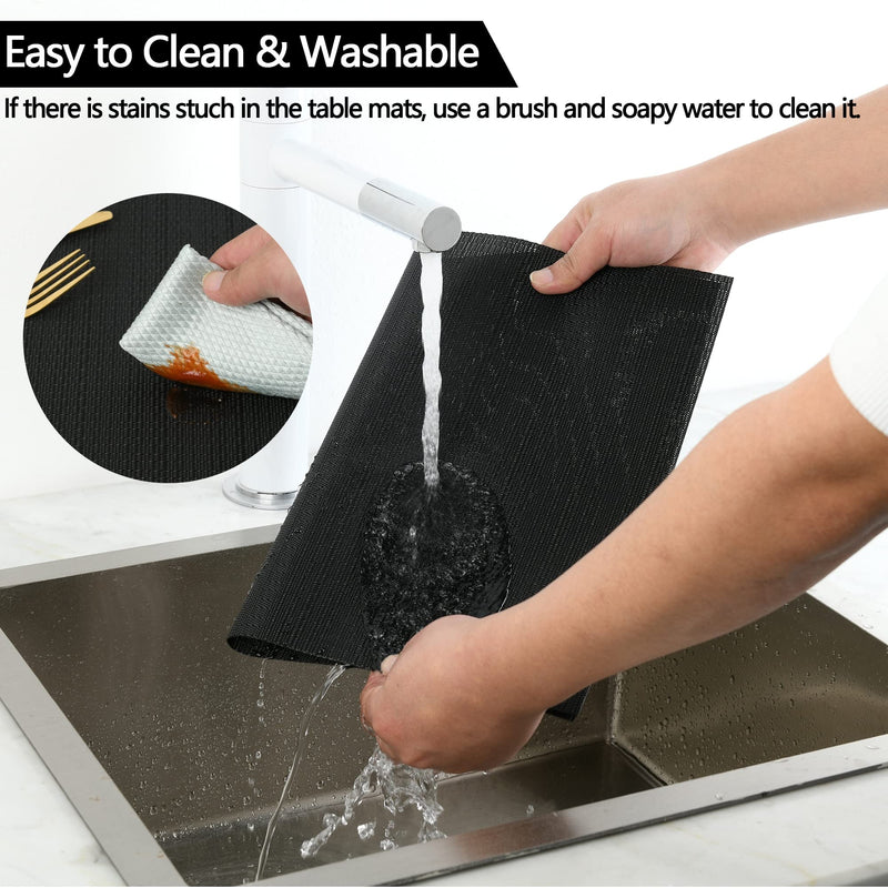 SLKQG Black Placemats Set of 4 - Easy Clean Washable Vinyl Placemats - Wipeable Heat Proof Non-Slip Table Mats for Dining Table - 17x12 Inch (Black, 4) - NewNest Australia