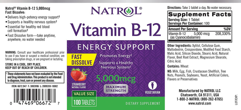 Natrol Vitamin B12 Fast Dissolve Tablets, Promotes Energy, Supports a Healthy Nervous System, Maximum Strength, Strawberry Flavor, 5,000mcg, 100 Count 100 Count (Pack of 1) 100 Tablets - NewNest Australia