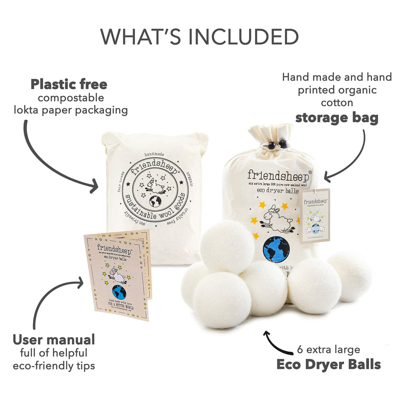 Wool Dryer Balls by Friendsheep 6 Pack XL Organic Premium Reusable Cruelty Free Handmade Fair Trade No Lint Fabric Softener White -"Creamy White" - NewNest Australia