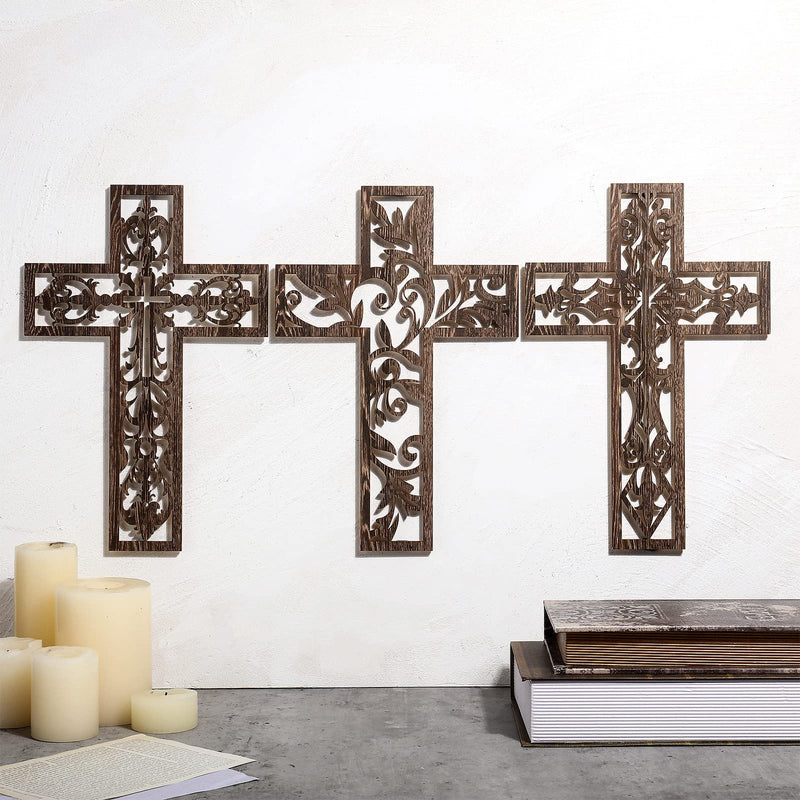 3 Pcs Wooden Wall Hanging Cross Handmade Antique Cross Hanging Decor Religious Cross Decorations for Wall Brown Wooden Cross Home Decor Hand Carved Wall Crosses for Living Room Nursery Wedding - NewNest Australia
