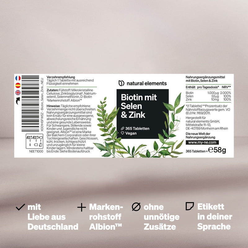 Biotin + Selenium + Zinc 365 - Vegan Tablets - No Magnesium Stearate - Laboratory Tested and Made in Germany - NewNest Australia