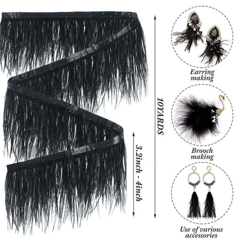 10 Yards Feathers Trims Fringe with Satin Ribbon Tape Black Sewing Fringe Trim Black Ostrich Feathers Trim Fringe 3.2-4 Inch for DIY Dress Sewing Crafts Costumes Decoration - NewNest Australia
