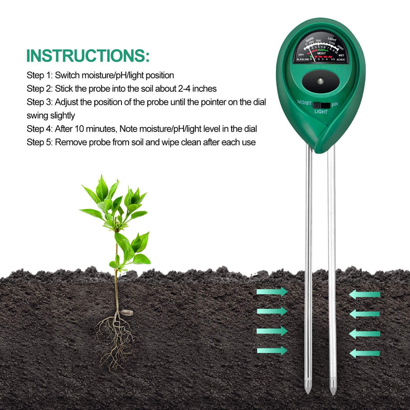 Soil PH Meter Soil Moisture Sensor 3-in-1 Soil Moisture/Light/pH Test Kit for Indoor/Outdoor Plants Care(No Battery Needed) Green - NewNest Australia