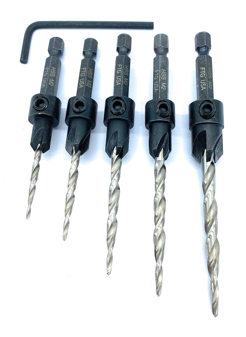 FTG USA Maximum Torque - Adjustable Wood Countersink Drill Bit Set #4, 6, 8, 10, 12 with Woodworking HSS Tapered Bits Secured with Pin and Hex Wrench (1/8" Allen Key) (Without Depth Stop Collar) without Depth Stop Collars - NewNest Australia