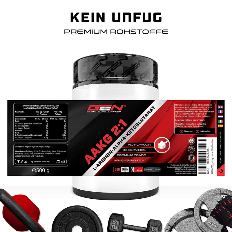 AAKG - 500 g - L-arginine alpha-ketoglutarate (2:1) - Optimal solubility - Laboratory tested - Vegan - Pure powder without additives - Premium arginine amino acid - German Elite Nutrition - NewNest Australia