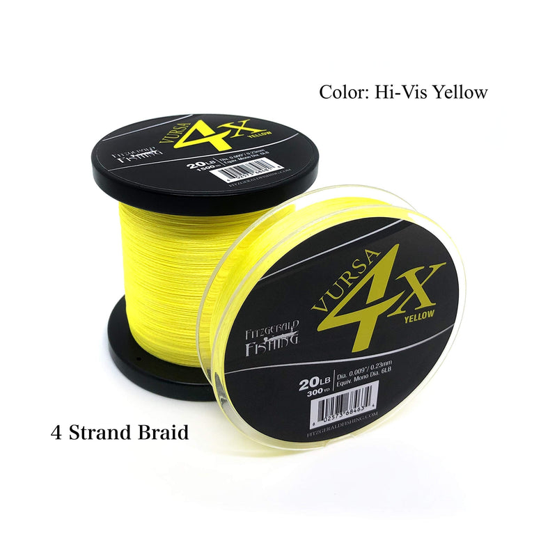 Fitzgerald Vursa 4X Braided Fishing Line - The 4 Strand, Longer Casting, Fade Resistant Freshwater and Saltwater Fishing Line - Available in Green and Yellow, 150/300/1500 Yd, 10-120 Lb, Braided Fishing Line Hi-Vis Yellow 50lb / 150 yd - NewNest Australia