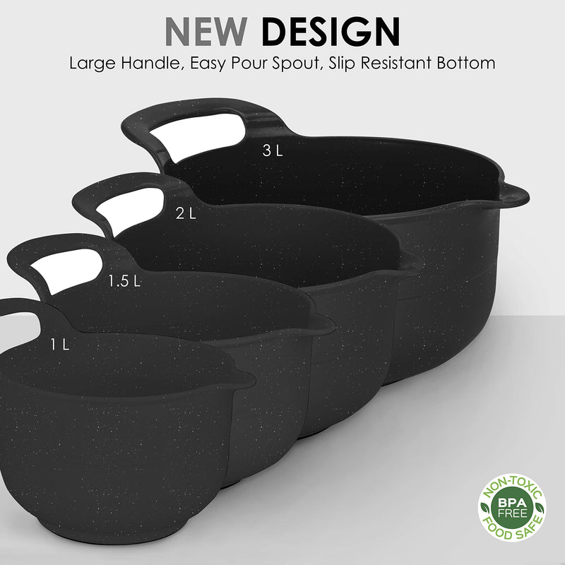 NewNest Australia - Cook with Color Mixing Bowls - 4 Piece Nesting Plastic Mixing Bowl Set with Pour Spouts and Handles (Speckled Black) Speckled Black 