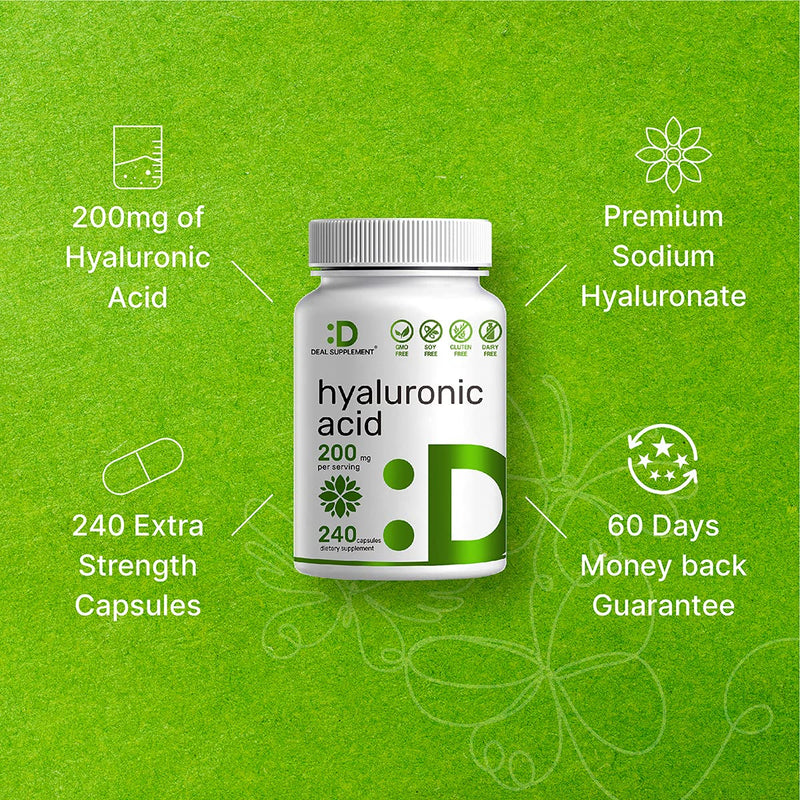 Hyaluronic Acid Supplements 200mg, 240 Capsules, 4 Months Supply, 95%+ Purity, Plant-Based, Support Healthy Joint, Bones and Connective Tissue | Promotes Skin Hydration - NewNest Australia