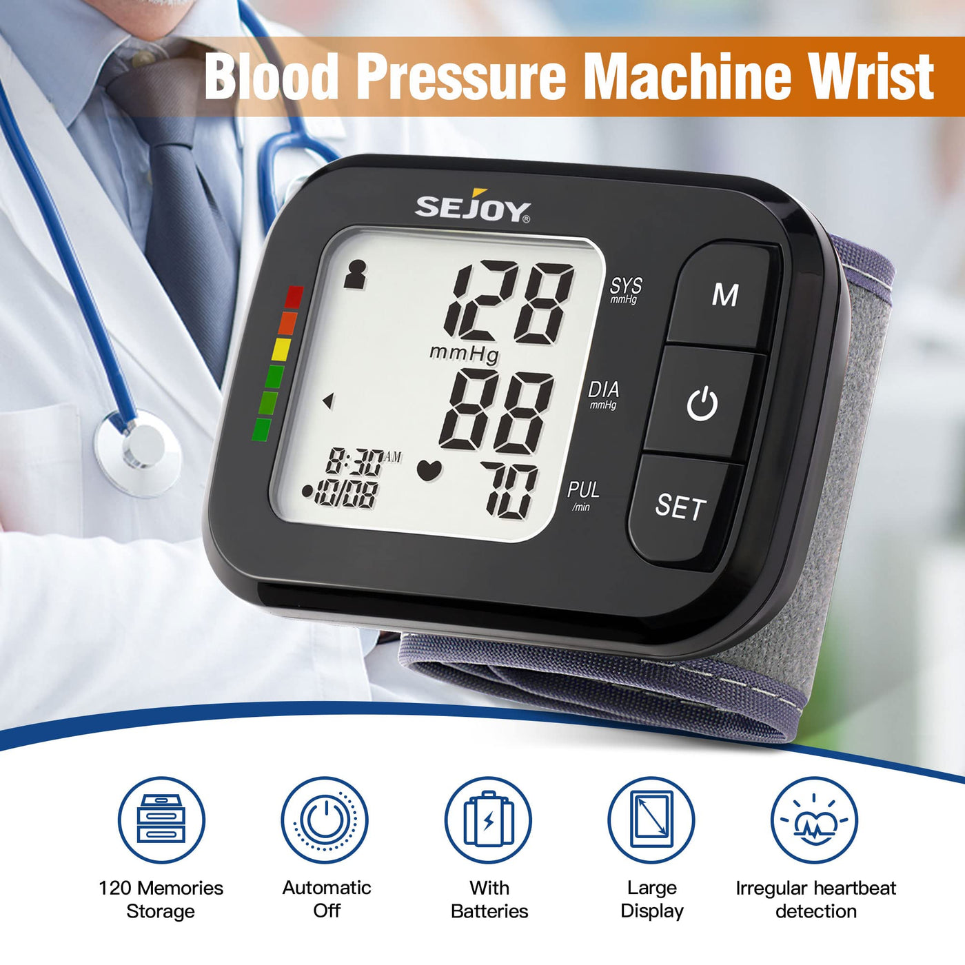 Sejoy Blood Pressure Monitor Wrist Blood Pressure Machine Digital Automatic BP Cuff Monitors with Irregular Heartbeat Detection Large Display 2x60