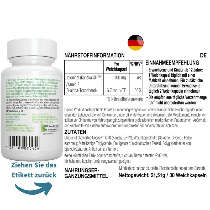 Vesisorb Ubiquinol 100mg, active form of Coenzyme Q10, bioavailable antioxidant, Kaneka patented formula, 30 soft capsules, by Igennus 30 pieces (pack of 1) - NewNest Australia