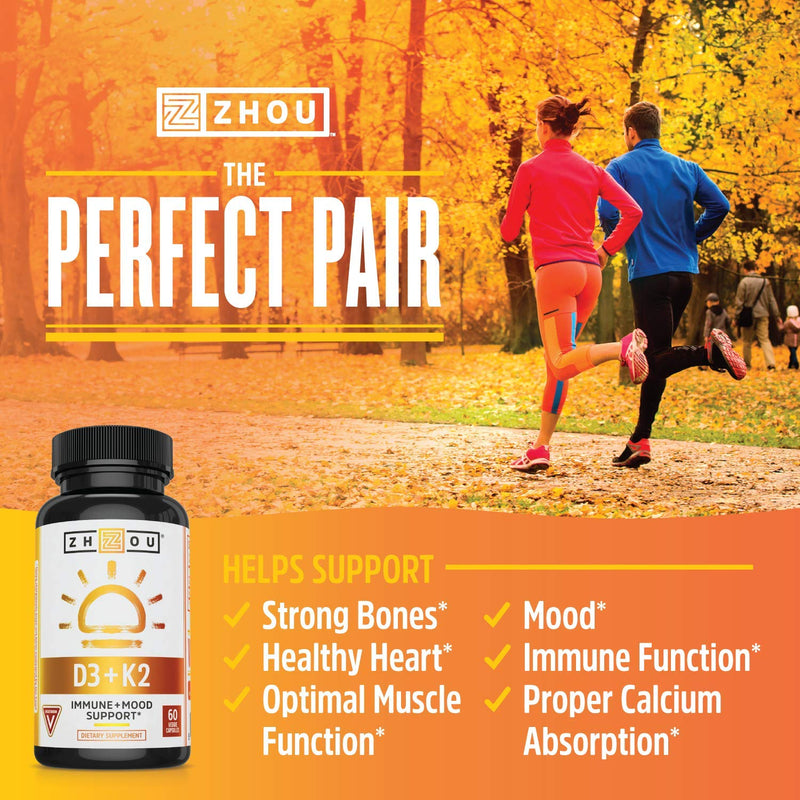 Zhou Nutrition Vitamin D3 K2, Bone and Heart Health Formula 5000 IU Vitamin D3 & 100 mcg Vitamin K2, Max Strength 2 in 1 Immune Support and Calcium Absorption, Gluten Free, 60 Count - NewNest Australia