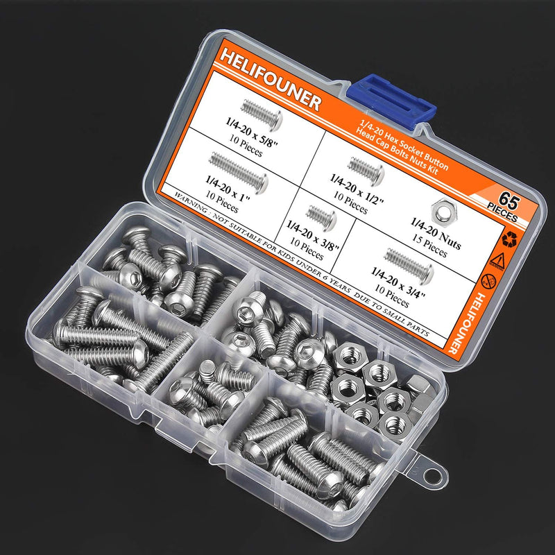 HELIFOUNER 65 Pieces 5 Sizes 304 Stainless Steel 1/4-20 x 3/8" 1/2" 5/8" 3/4" 1" UNC Thread Hex Button Head Cap Bolts Kit - NewNest Australia