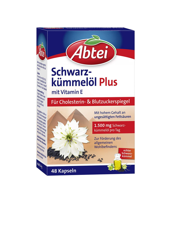 Abtei Black Cumin Oil Plus - with Vitamin E - Dietary Supplement for Cholesterol and Blood Sugar Levels - 1 x 48 Capsules 48 Pieces (Pack of 1) - NewNest Australia