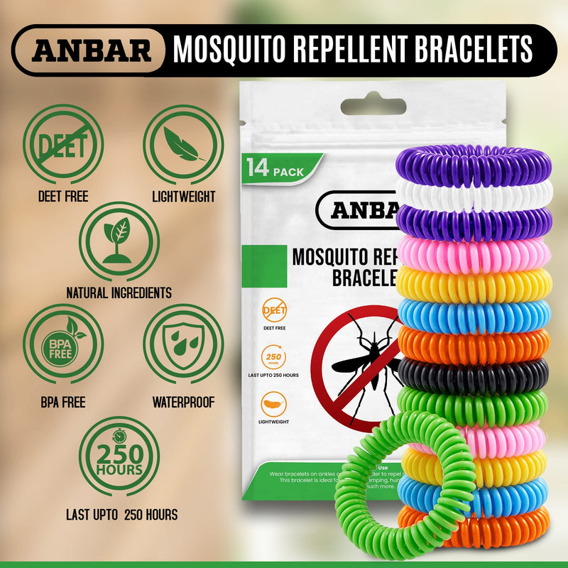 Anbar Mosquito Repellent Bracelets Bands for Adults and Kids, 14 Pack, All-Natural Deet-Free, Non-Toxic Protection, Stretchy Waterproof Anti-Mosquito Wristbands for Hiking and Camping - NewNest Australia