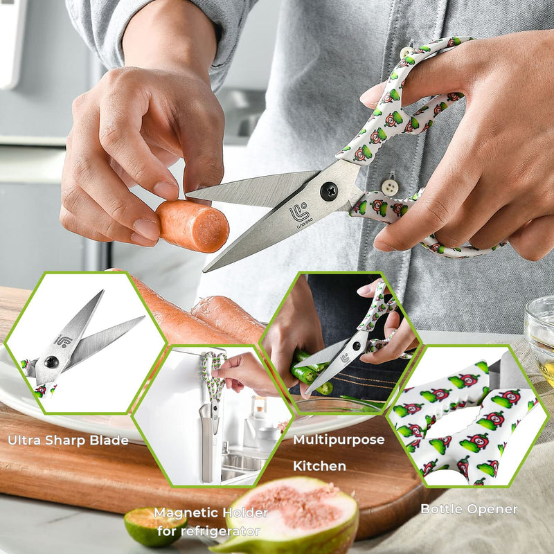 Linoroso Heavy Duty Kitchen Scissor Ultra Sharp Utility Scissors with Cover, Cooking Cutting Stainless Steel Food Shears for Meat Poultry Fish Chicken Pizza Vegetables Herbs BBQ Nuts - Chili Graphic White/Chili - NewNest Australia