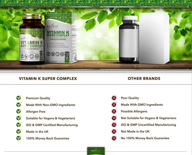 Ezyleaf Vitamin K Super Complex | With Vitamin K2 MK7 and Vitamin K2 MK4 | 90 Vitamin K and Vitamin K2 MK-7 Vegan Capsules - 1500μg Vitamin K1 | Non-GMO, Gluten & Dairy Free | Made in the UK - NewNest Australia
