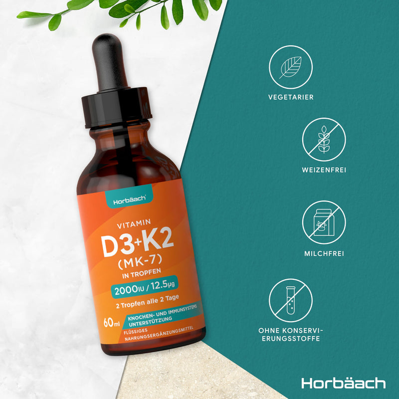 Vitamin D3 K2 drops high dose | 60ml | 2000 IU D3 + 12.5 mcg K2 MK7 | Liquid drops | Bone Health and Immune Support | by Horbaach - NewNest Australia