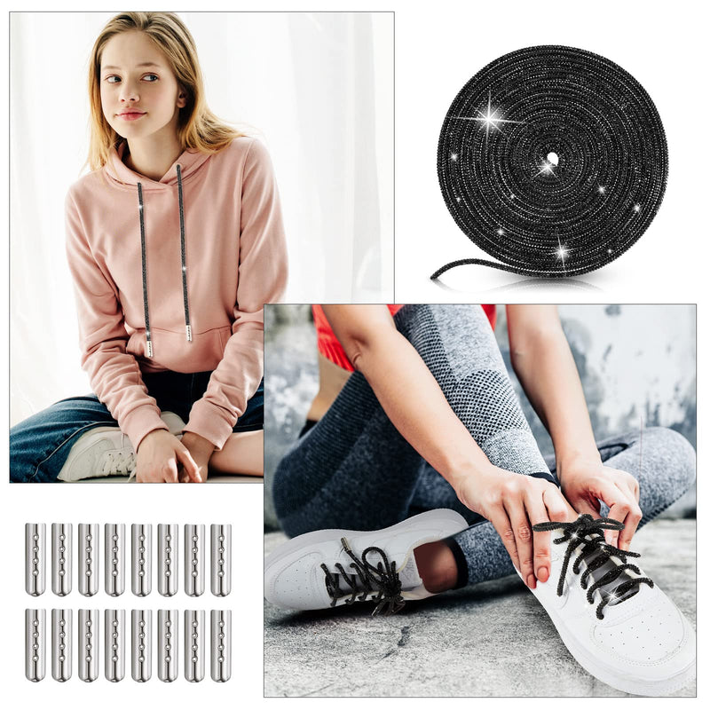 5.47 Yards Rhinestone Shoe Laces Bling Shoe Laces Rhinestone Diamond Hoodie String Glitter Cords for Sneakers with 20 Aglets Black - NewNest Australia