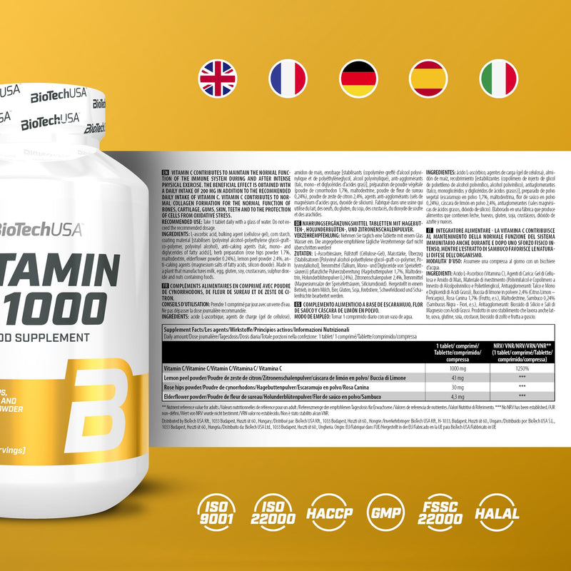 BioTechUSA Vitamin C 1000 + BioFlavonoids | Multiple sources | Immune support | Rose hip, elderflower & lemon, 100 tablets 100 pieces (pack of 1) - NewNest Australia