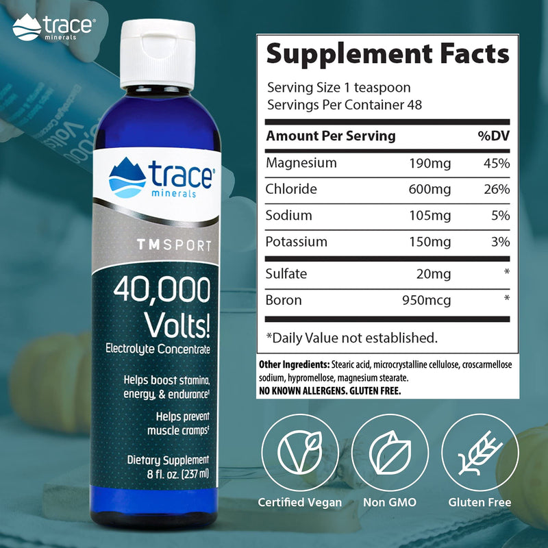 Trace Minerals – 40,000 Volts! (8oz) | Liquid Electrolyte Concentrate Drops | Relief of Dehydration, Leg & Muscle Cramps | Energy Support with Magnesium, Potassium, Sulfate, Boron & Trace Minerals 8 Fl Oz (Pack of 1) - NewNest Australia