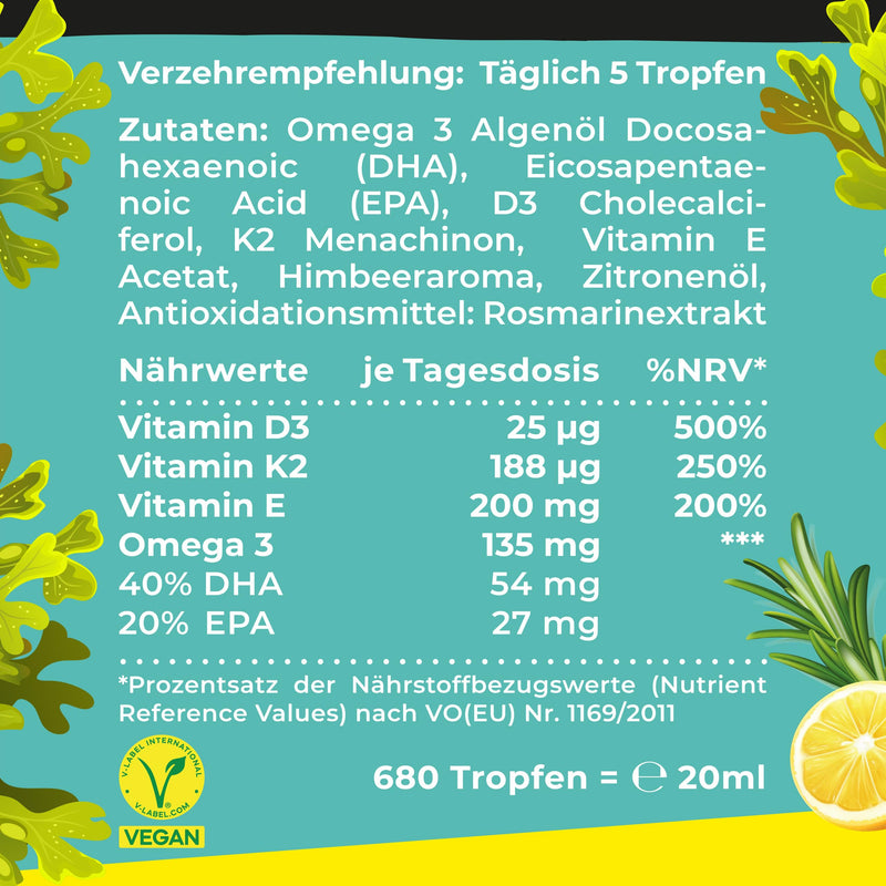 Omega-3 algae oil PLUS - 40% DHA and 20% EPA with vitamin D3 + K2 + E - raspberry, lemon and rosemary extract - vegan (20ml = 4 month supply) - NewNest Australia