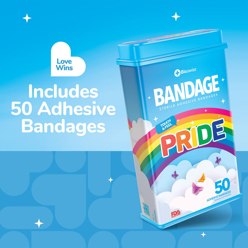 BioSwiss 50pcs Sterile Adhesive Unique Shaped Bandages | Adhesive Sterile LGBTQ+ Rainbow Pride Bandaids in Support of Gay Pride Protect Scrapes and Cuts | Wellness for Everyone | Reusable Tin (Pride) - NewNest Australia