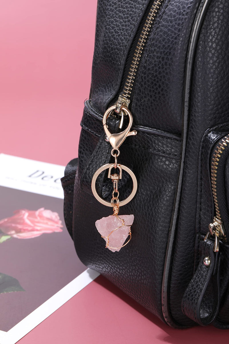 Amethyst Crystal Keyring Raw Healing Crystal Gemstone Keyring Wire Wrapped Irregular Quartz Crystal Stone Car Key Ring Bag Charm for Women Girls Mother's Day Gift for Mum Rose Quartz - NewNest Australia