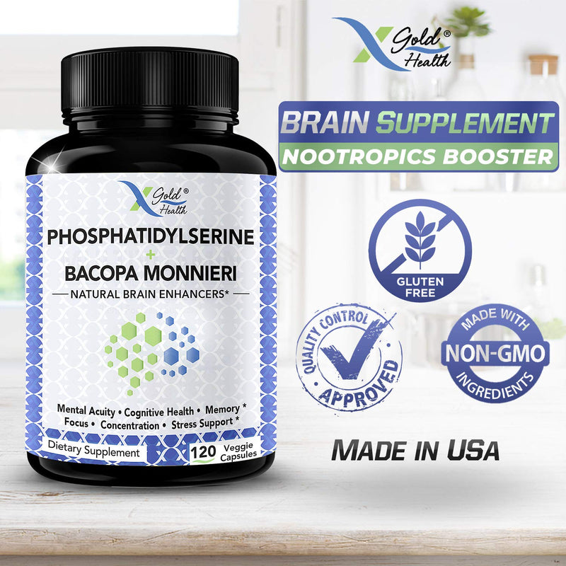 PhosphatidylSerine & Bacopa Monnieri 400 mg 2 in 1 Supplement - Natural Brain Enhancer/Nootropic for Enhanced Focus and Concentration, Memory Support, & Cognitive Function - 120 Vegetarian Capsules - NewNest Australia