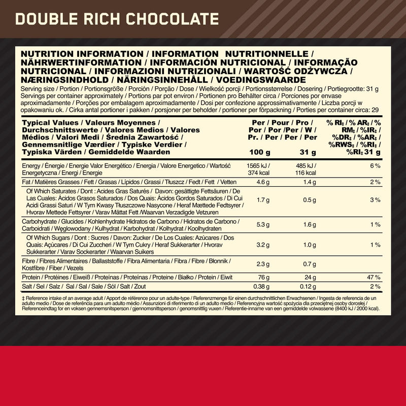 Optimum Nutrition Gold Standard 100% Whey Protein Powder for Muscle Building and Recovery with Naturally Occurring Glutamine and BCAA Amino Acids, Double Rich Chocolate, 29 Servings, 899g 2lb - NewNest Australia
