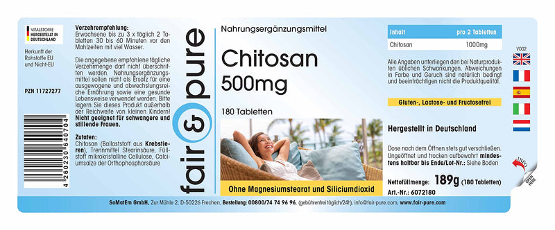 Fair & Pure® - Chitosan 500mg - high dosage - natural fiber - without magnesium stearate - 180 chitosan tablets - NewNest Australia