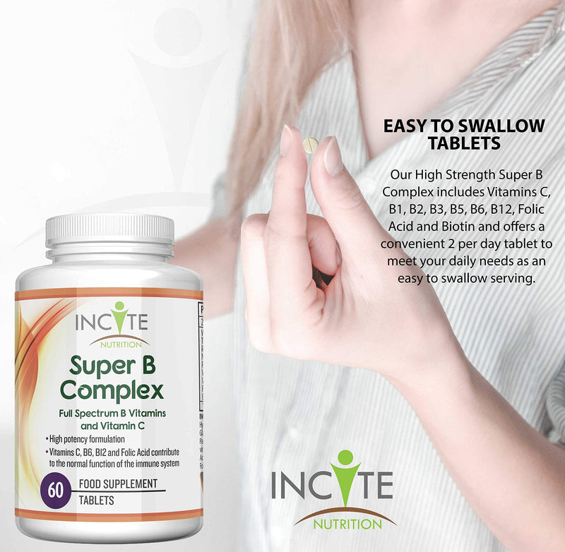 Vitamin B Complex High Strength | Super B Complex with B1, B2, B3, B5, B6, B12, Folic Acid, Vitamin C and Biotin | Suitable for Vegetarians and Vegans Plus GMO Free 60 Premium Easy Swallow Tablets - NewNest Australia